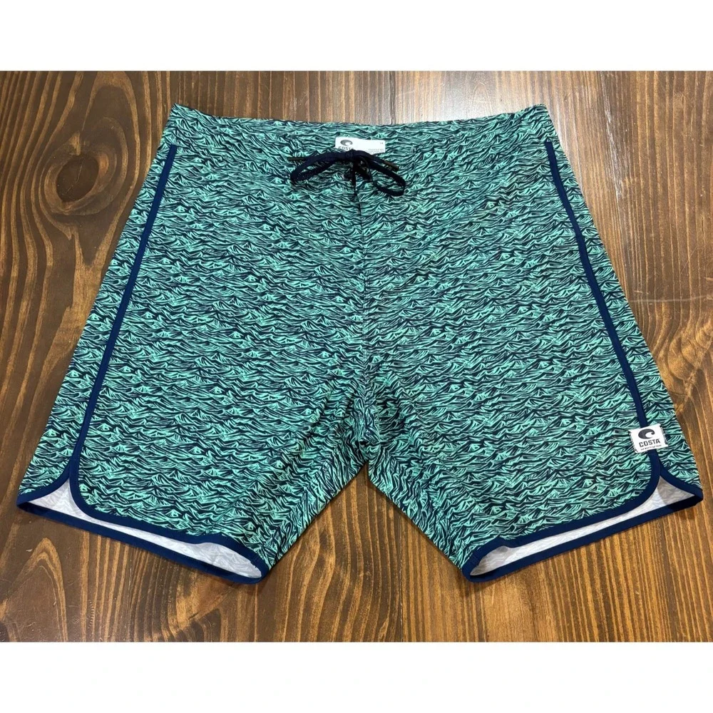COSTA Board Shorts Mens 38 Green Wave Pattern Performance‎ Swim Surf Trunks